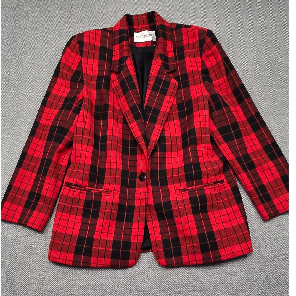 JH‎ Collectibles Vintage Womens Red Black Plaid 100% Pure Wool Blazer Jacket